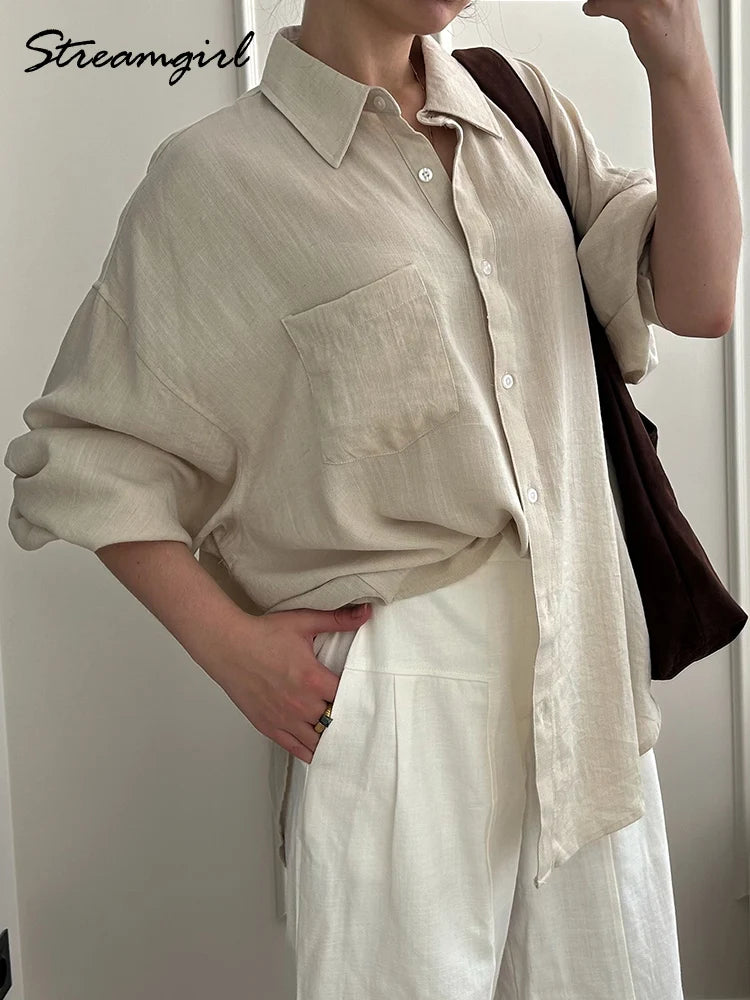 Summer Blue Linen Shirts For Women Oversized Long Sleeve Tops Green Shirt Woman Work Basic Linen Tops Women White Shirts Ladies