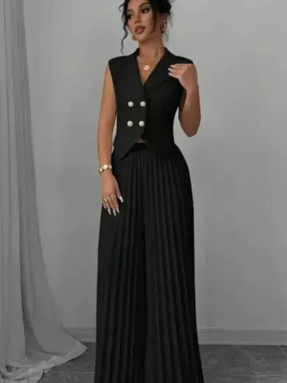 Women's White 2 Piece Outfit Double Breasted Vest and Pleated Wide Leg Pants Set Elegant Office Lady Business Casual Summer Suit