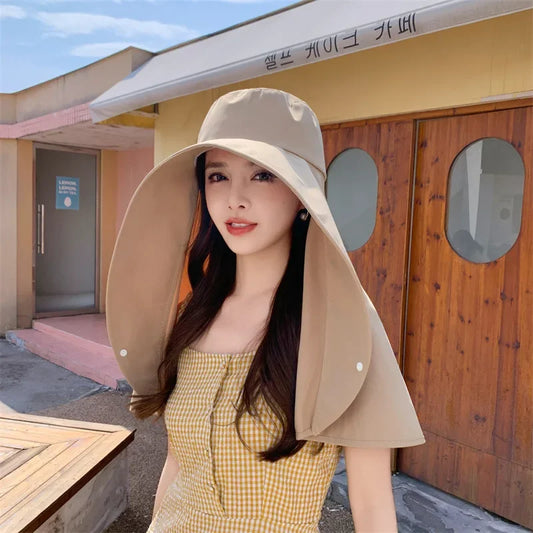 Summer Hats for Women Outdoor UV Anti Neck Protection Sun Visors for Lady Fishing Hiking Wide Brim Shawl Sunscreen Ponytail Cap
