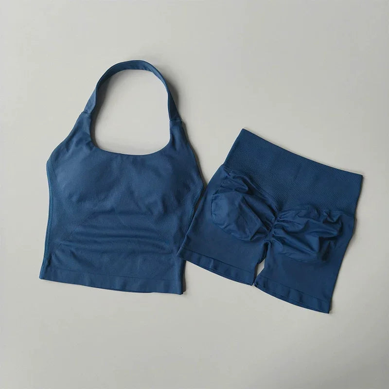 Yoga 2 Pieces Gym Set Women Backless Halter Tops High Waist Seamless Shorts Gym Suit Fitness Sports Bras Sportswear Workout Sets