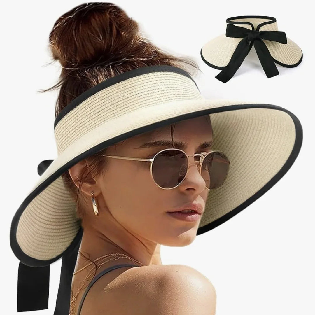 Summer Women Hollow Top Wide Brim Straw Visor Sun Hat With Back Bow Knot, UV Protection Ponytail Hat, Foldable Lightweight Beach