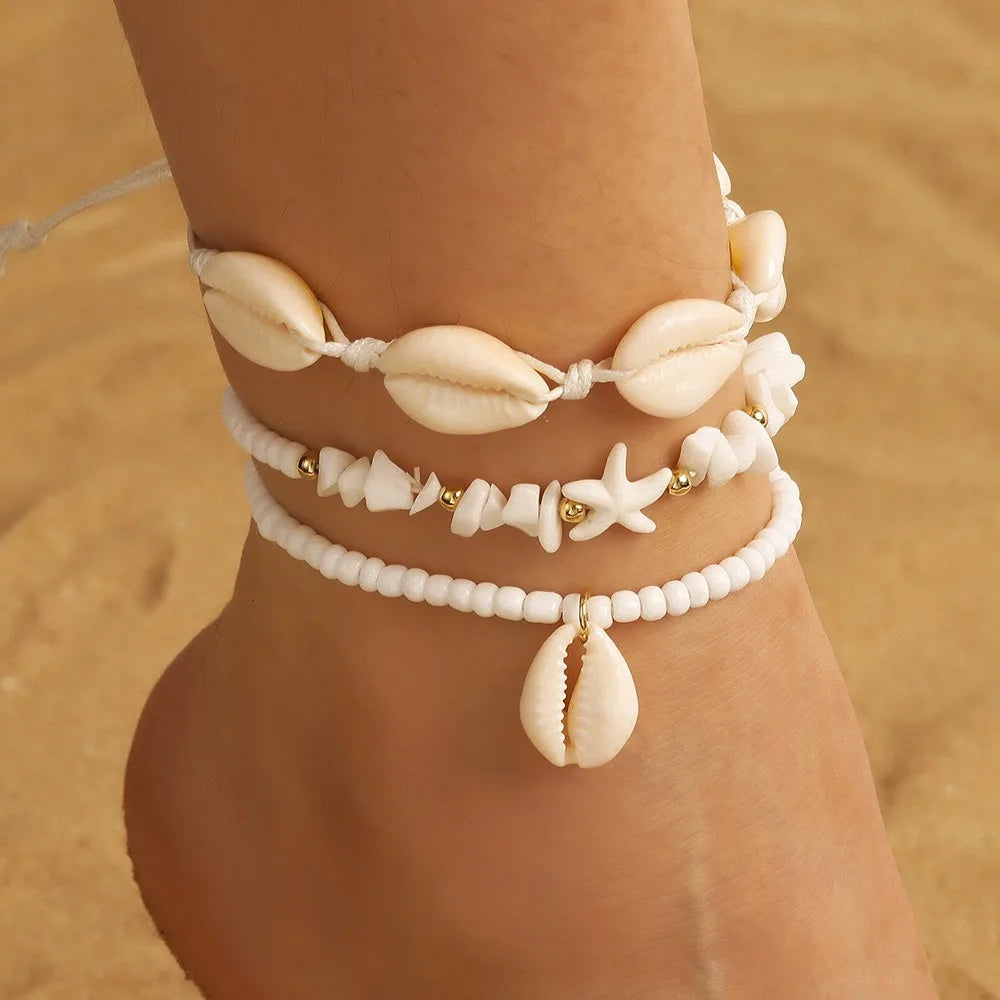Bohemian Beaded Starfish Shell Anklets for Women Fashion Summer Beach Vacation-style Faux Pearl Woven Stackable Anklets Jewelry